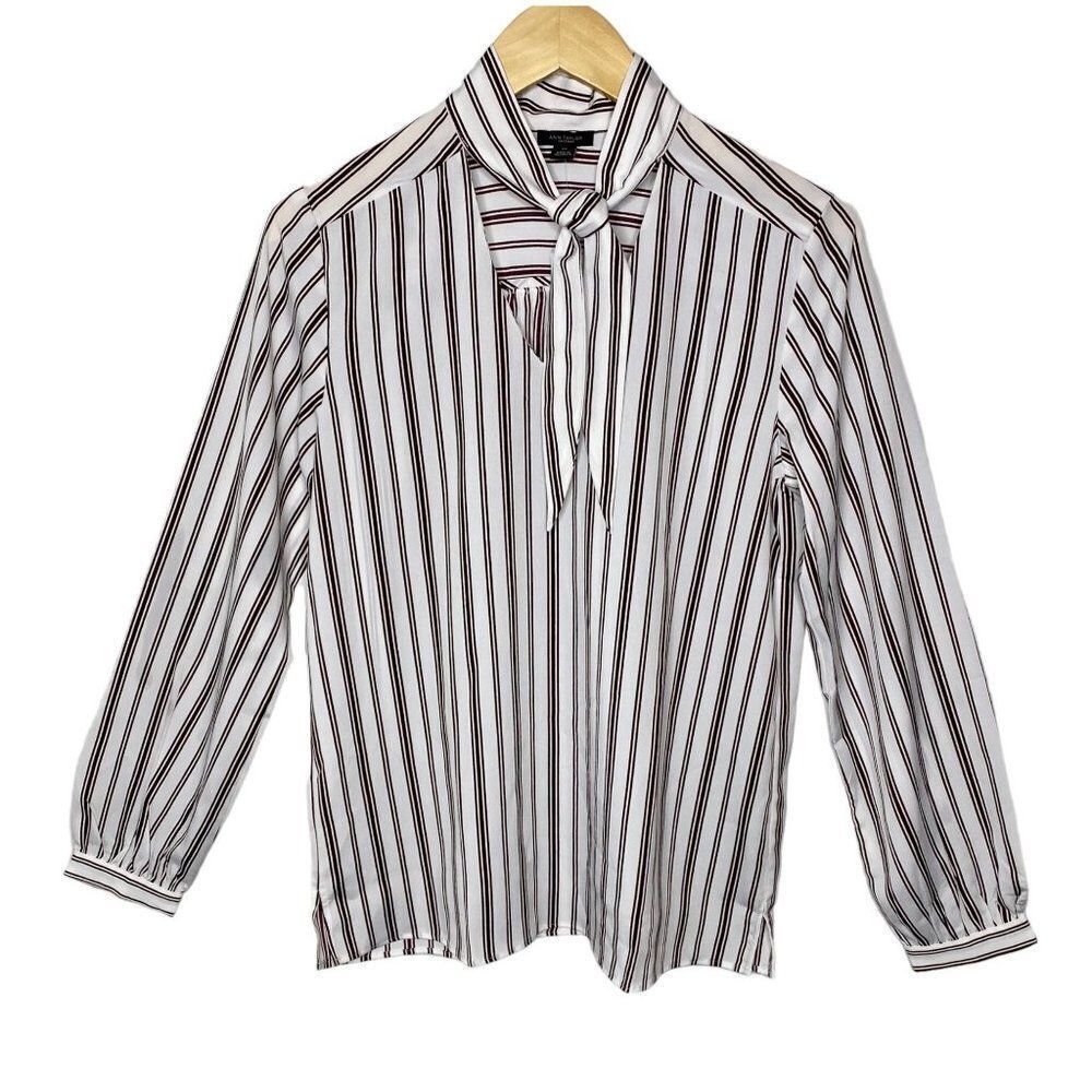 Ann Taylor Women's Stripped Neck Tie Blouse, Color White/Wine, US Size XS